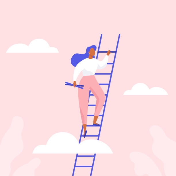 Woman climbing the stairs. Сareer growth, achievement of success in business or study. Flat vector illustration. hand hold stock illustrations