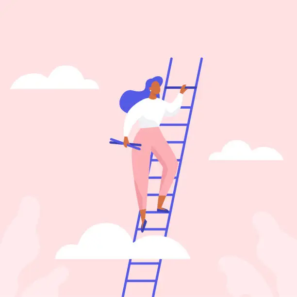 Vector illustration of Woman climbing the stairs. Сareer growth, achievement of success in business or study.