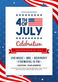 istock 4th of July poster templates Vector illustration. USA flag waving frame on blue star pattern background. Flyer design 1253268180