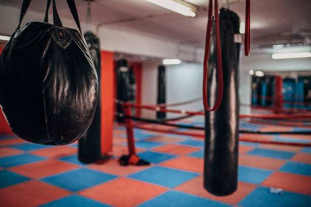 istock Gym with boxing ring and several punching bags 1253271462
