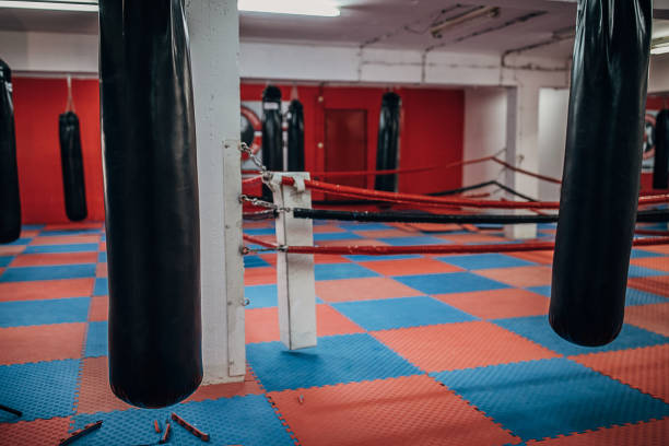 istock Gym with boxing ring and punching bags 1253271585