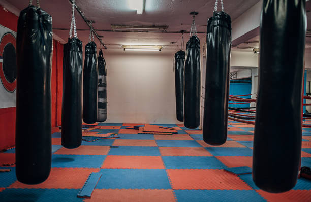 istock Boxing ring and several punching bags, no people 1253271610
