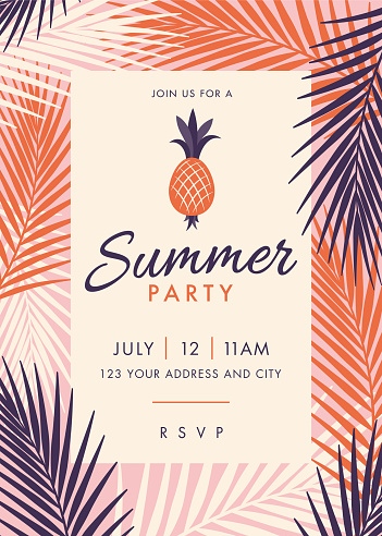Summer Party Invitation Template with palm leaves and exotic plants. Stock illustration