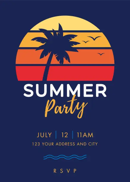 Vector illustration of Tropical Summer Party Invitation Template with palm tree silhouette and gradient background.