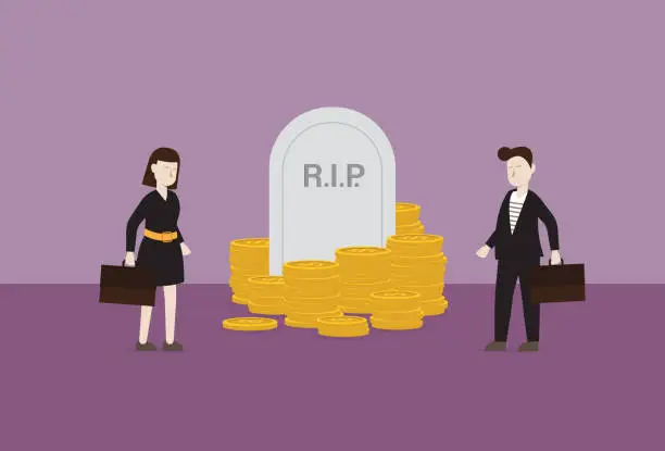 Vector illustration of Business people stands in front of tombstone and money