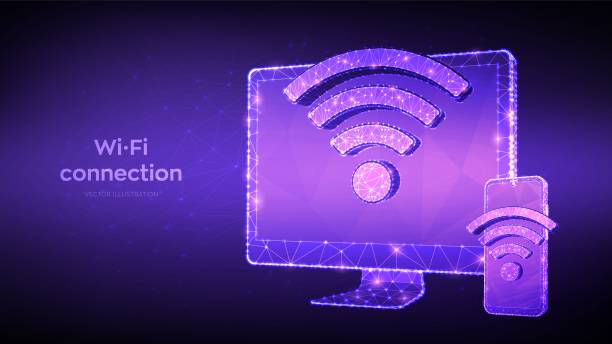 istock Wireless connection free WiFi concept. Abstract low polygonal computer monitor and smartphone with wi-fi sign. Hotspot signal symbol. Mobile connection zone. Public assess zone. Vector illustration. 1253274755