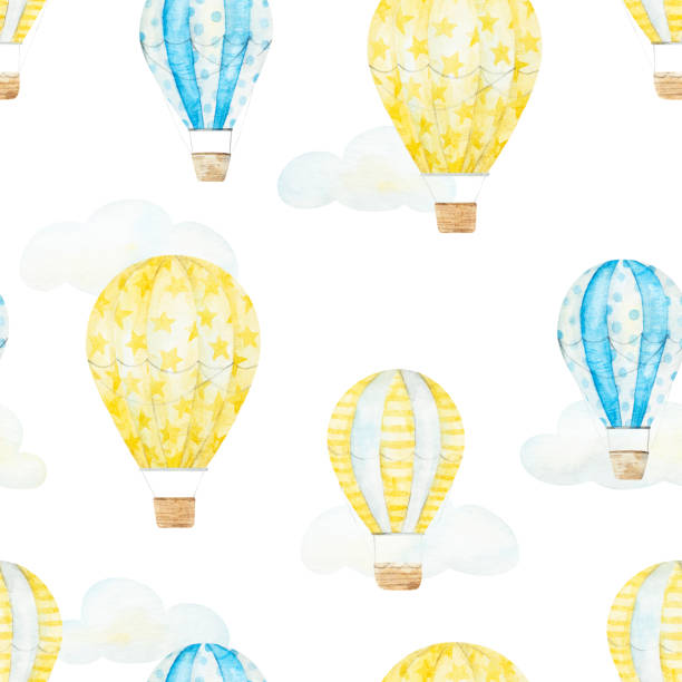 Pattern with air balloons Watercolor seamless pattern with air balloons and clouds on white background. watercolor hot air balloon stock illustrations