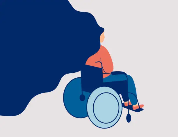 Vector illustration of Sad young woman is sitting in a wheelchair isolated on light background.