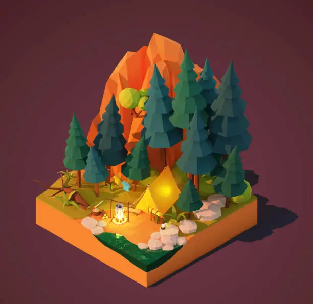 Vector illustration of Vector isometric camping in the forest