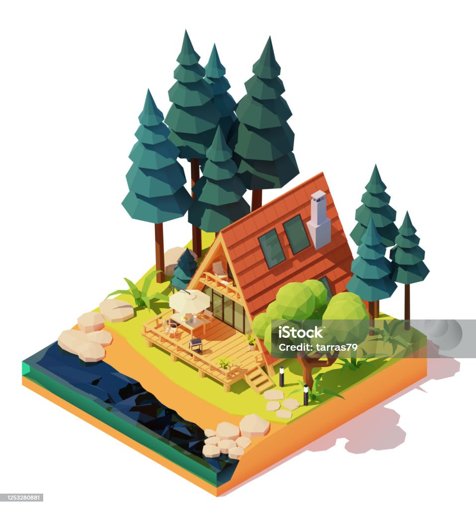 Vector isometric a-frame house in the wood Vector isometric modern a-frame house in the pine wood. Wooden a-frame cabin on the river or lake bank. Outdoor furniture on patio, umbrella, table, chairs, barbeque grill Isometric Projection stock vector