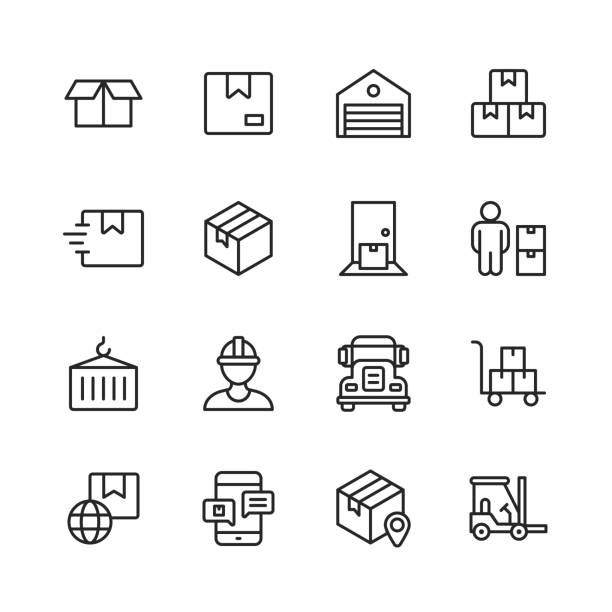 ilustrações de stock, clip art, desenhos animados e ícones de warehouse and distribution line icons. editable stroke. pixel perfect. for mobile and web. contains such icons as package, box, garage, inventory, door, container, semi-truck, warehouse worker, forklift, global shipment, logistics, shelf. - cardboard box