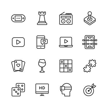 16 Home Entertainment Outline Icons. Handheld Gaming Console, Chess, Tower, Radio, Joystick, Online Video, Video Streaming, Online Dating, Text Messaging, Table Football, Card, Wine, Party, Tic Tac Toe, Jigsaw Puzzle, Dice, Television, HD Movie, Virtual Reality, Gaming, Darts.