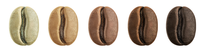 A collage of coffee beans showing various stages of roasting from green beans through to italian roast