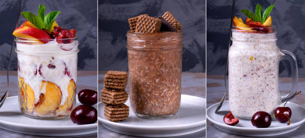 collage of various overnight oats - three different refrigerators imagens e fotografias de stock