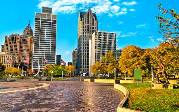 centro di detroit da hart plaza. usa - city symbol usa autumn foto e immagini stock