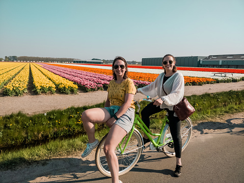 happy girls with their ride bike in front of beautiful dutch tulip field in full harvest season