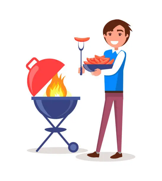 Vector illustration of Man Grilling Sausages Barbecue Vector iIllustration