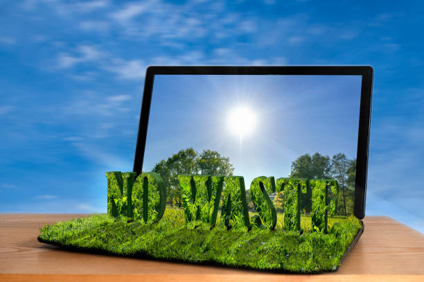istock Open laptop with 3D text no waste and grass texture. Eco, ecology concept. 1253288768