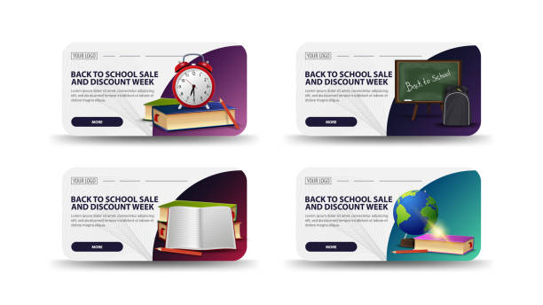 istock Back to school sale and discount week, large collection white discount banners for your business with buttons, abstract shapes and school supplies 1253289126