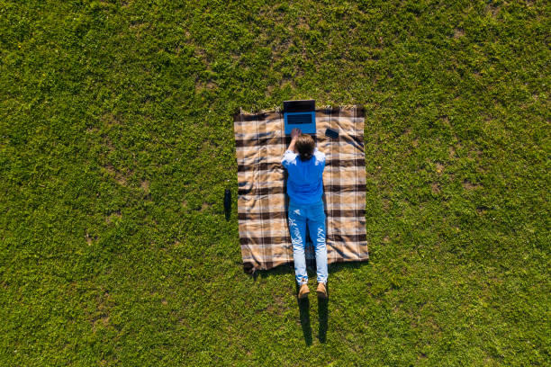 istock Happy young man with laptop relaxing on the grass, view from above 1253289486