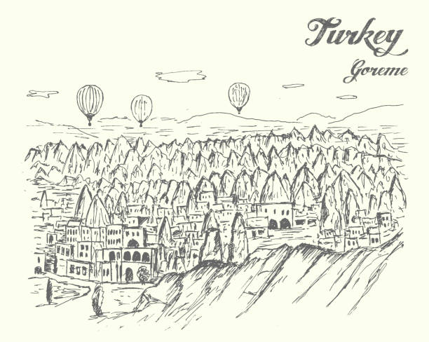 Cappadocia turkish historical place sketch style illustration Cappadocia turkish historical place hand drawn style ,vector,isolated illustration cappadocia balloon stock illustrations