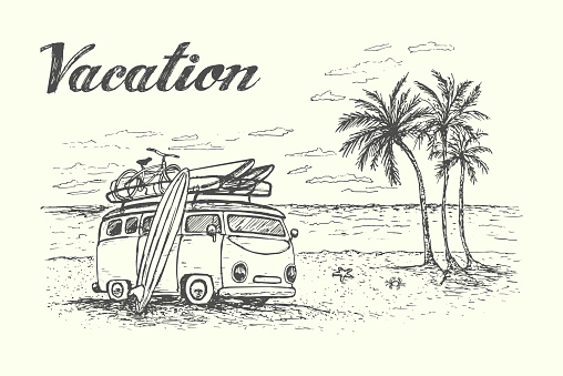 Summer vacation scene with camping van, travel equipment, beautiful beach on background. Hand drawn,isolated,vector illustration