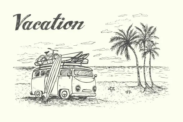 Vector illustration of Summer vacation scene with camping van, travel equipment, beautiful beach sketch style