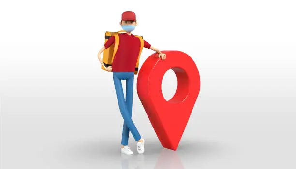 3D illustration of delivery guy with mask, food bag and geo location tag. Red uniform deliveryman deliver express meal. courier service during quarantine pandemic coronavirus. Safe delivery concept.