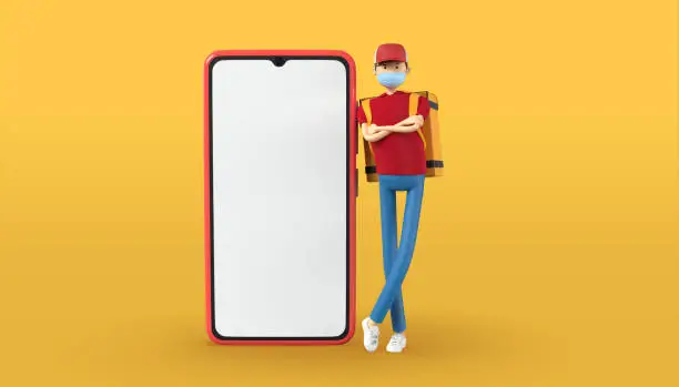3D rendering of delivery guy with mask, food bag waiting for smartphone order. Red uniform deliveryman deliver express meal. courier service during  pandemic coronavirus. Safe delivery concept.