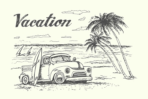 Summer vacation scene with retro pickup truck, surf equipment, beautiful beach with ocean and palms on background.Hand drawn,isolated,vector