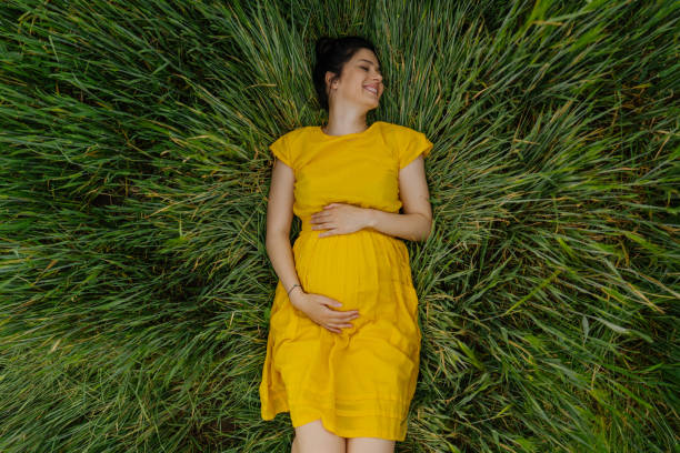 in the meadow - one person women human pregnancy beautiful imagens e fotografias de stock