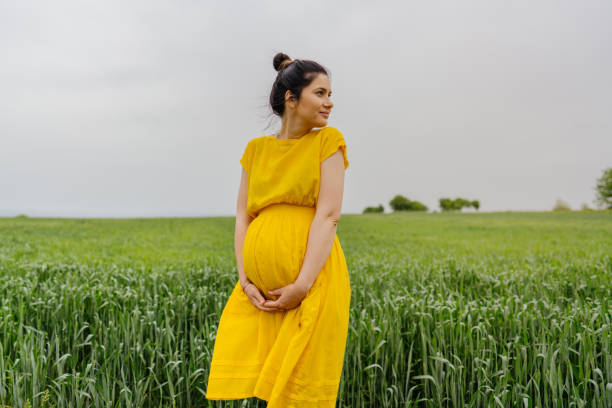 Waiting Photo of a pregnant woman standing alone on a grass field, stroking her baby bump and enjoying the calm meadow. garment photos stock pictures, royalty-free photos & images