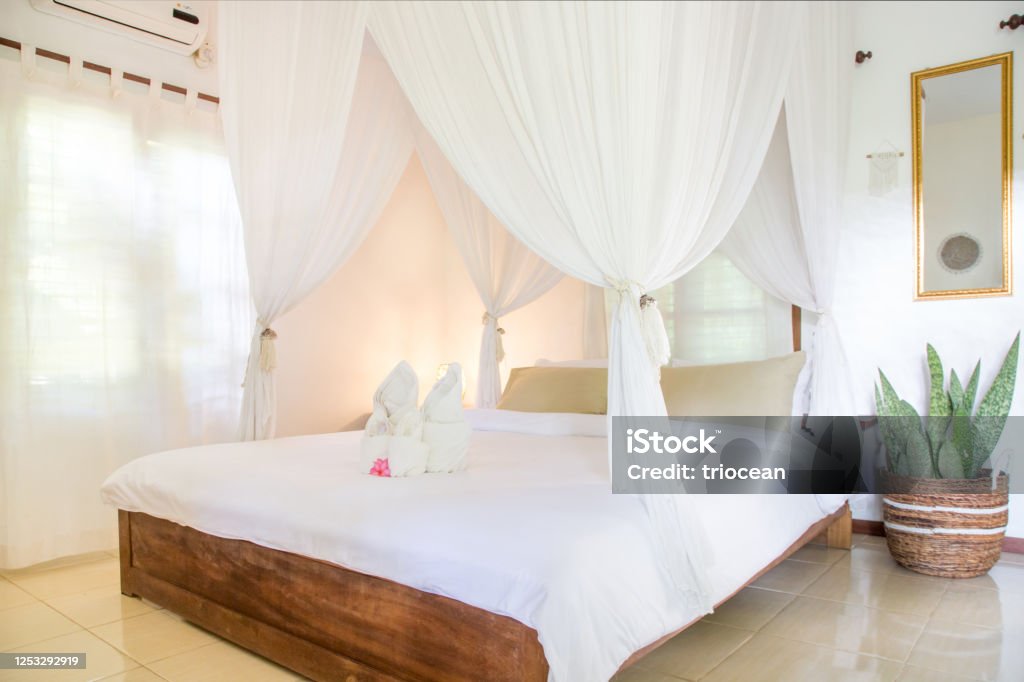 King size bed with mosquito net, bedroom interior in calm white colors, no people Bed - Furniture Stock Photo