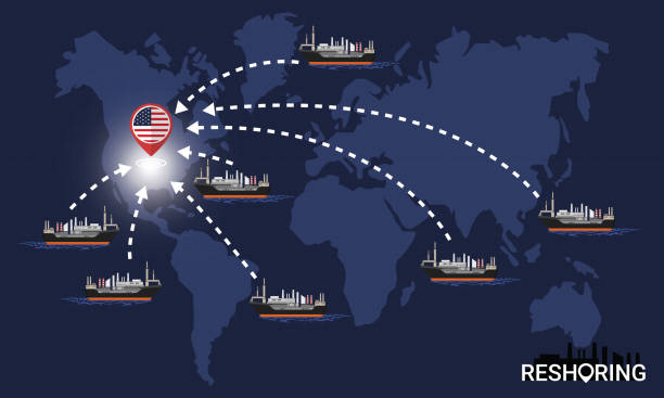 Reshoring concept. Factories companies return to USA. Self-sufficiency. Automated supply chain. Avoid production chain disruption. Design by freighter carry factory to moving on world map. Vector illustration Reshoring concept. Factories companies return to USA. Self-sufficiency. Automated supply chain. Avoid production chain disruption. Design by freighter carry factory to moving on world map. Vector illustration. hometown stock illustrations