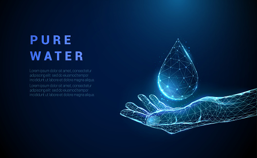 Abstract hand holding drop of water. Low poly style design. Blue geometric background. Wireframe light connection structure. Modern 3d graphic concept. Isolated vector illustration.