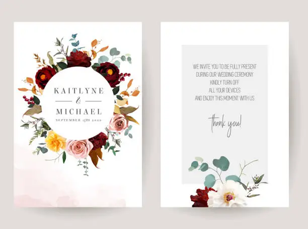 Vector illustration of Mustard yellow and dusty pink rose, burgundy red dahlia, emerald green and teal blue eucalyptus