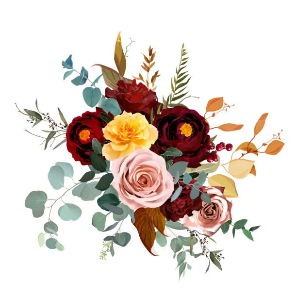 Vector illustration of Mustard yellow and dusty pink rose, burgundy red dahlia, emerald green and teal blue eucalyptus