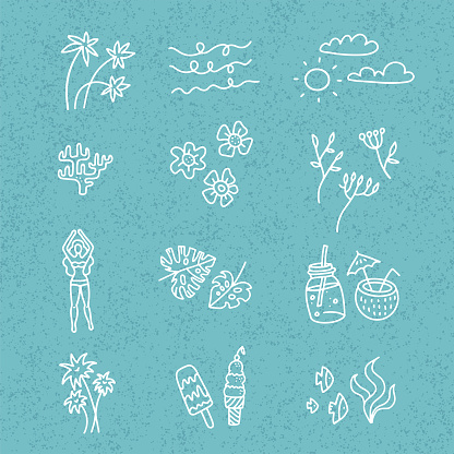 Line vector hand drawn doodle cartoon set of summer time season objects and symbols on blie textured backgound. Linear art collection - cocktails, flower, palm leaves, icecream