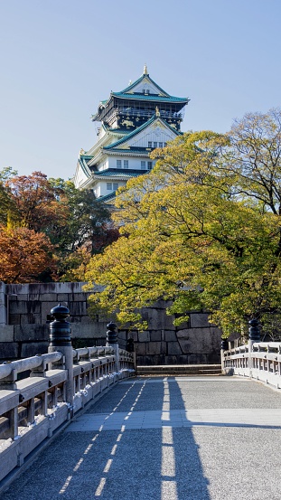 Osaka, Japan - November 15, 2019: Clear sky of Osaka City can be seen clearly with the beautiful autumn foliage and the ancient Osaka Castle a famous tourist destination in Japan