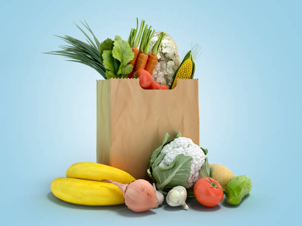 istock fresh food in a paper bag for products 3d render on blue gradient 1253300507