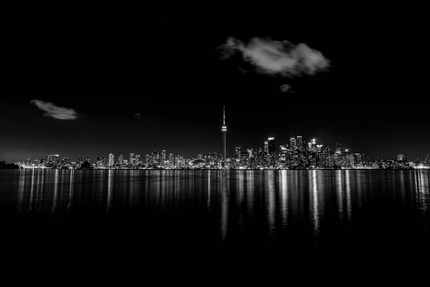 Toronto Cityscape Skyline Buildings With Water Reflection B/W