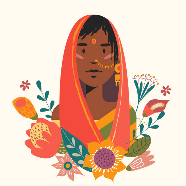꽃과 여성 초상화. 벡터 그림입니다. - indian girls illustrations stock illustrations