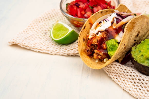 istock Mexican traditional authentic homemade tacos with pulled pork beef chili con carne serve with tomato salad and avocado guacamole and dip sauce 1253304899