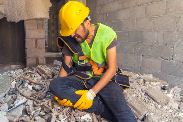 Construction worker has an accident while working on new house. Misfortune, Occupation, Physical Injury, Working, Falling physical injury stock pictures, royalty-free photos & images
