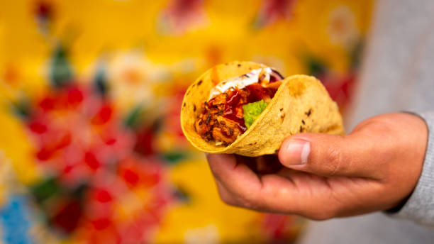 istock Mexican traditional authentic homemade tacos with pulled pork beef chili con carne serve with tomato salad and avocado guacamole and dip sauce 1253305046