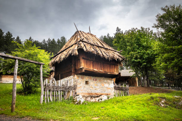 Sirogojno, Serbia - june 03 2020: Old wooden rustic idyllic houses in a Sirogojno village on Zlatibor mountain in Serbia.