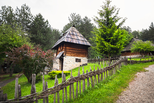 Sirogojno, Serbia - june 03 2020: Old wooden rustic idyllic houses in a Sirogojno village on Zlatibor mountain in Serbia.