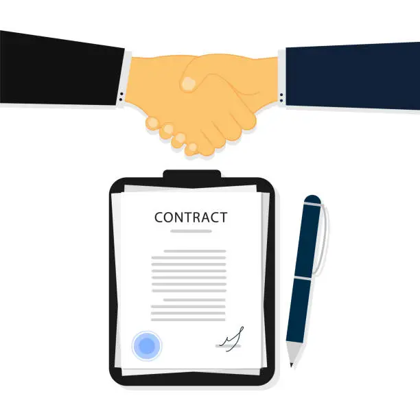 Vector illustration of Businessmen shake hands after signing a contract. Arrangement, agreement.