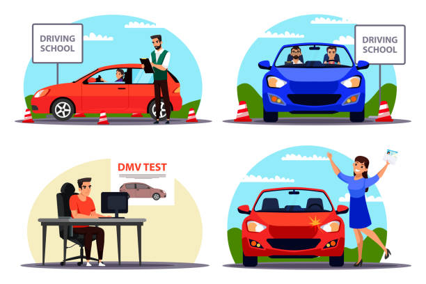 illustrazioni stock, clip art, cartoni animati e icone di tendenza di istruzione ed esame al set della scuola guida - driving test