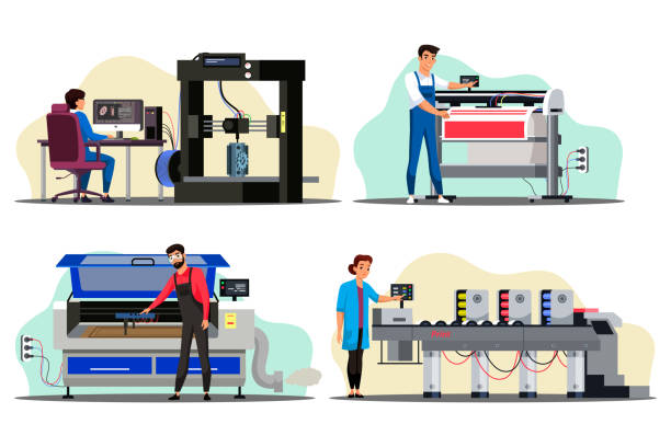 ilustrações, clipart, desenhos animados e ícones de equipamento profissional para agência de publicidade. ilustração vetorial - printing press print printout colors